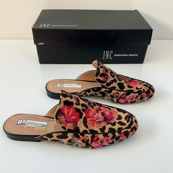 New INC International Gannie Calf Hair Floral Embroidery on Leopard Mule 7 NIB - Picture 3 of 10